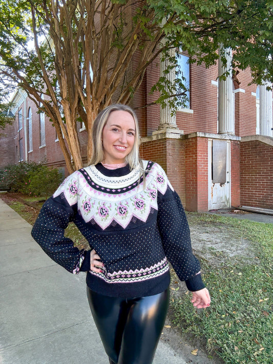 Black Vintage Pattern Crewneck Sweater