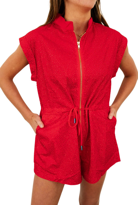 Red QOS Rhinestone Romper