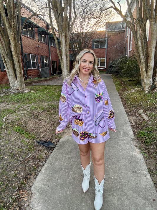 Purple and White Striped Mardi Gras Icon Shorts