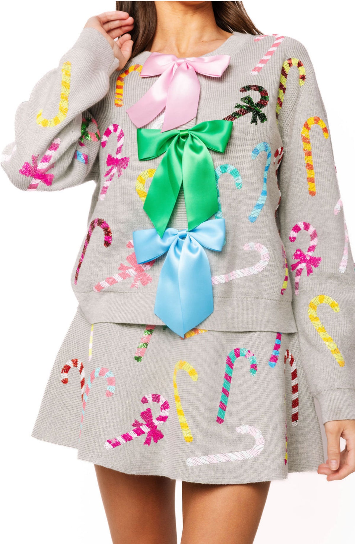 Grey Multi Candy Cane Bow Sweater