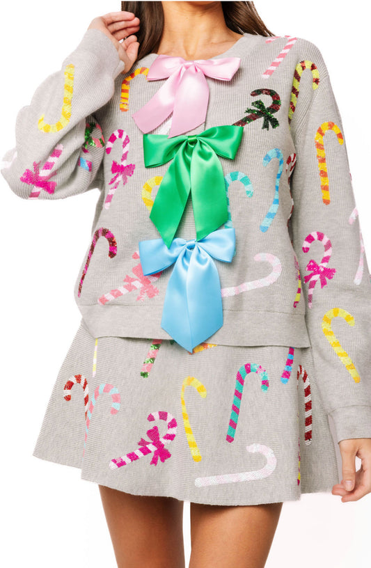 Grey Multi Candy Cane Bow Sweater