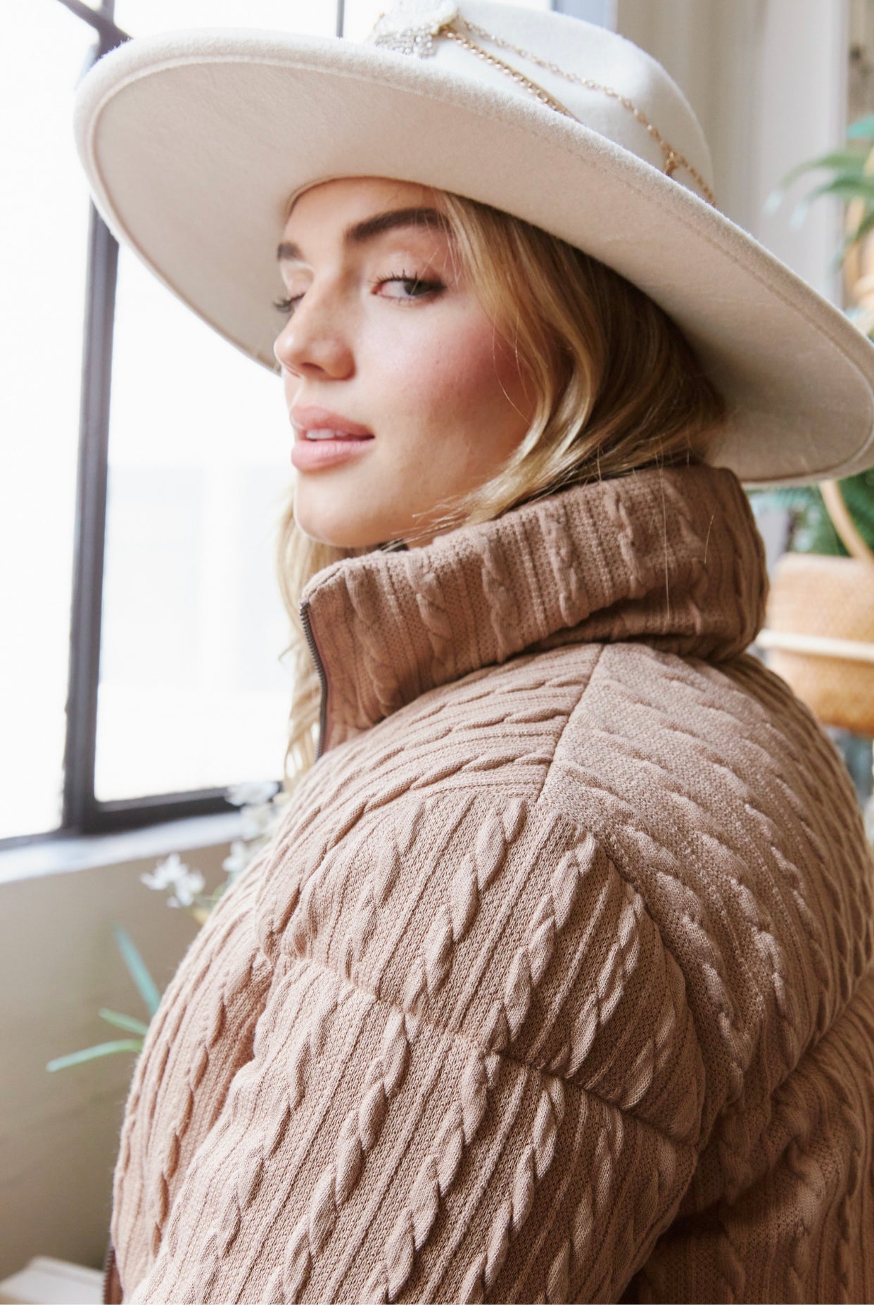 Cable Knit Puffer Jacket Taupe