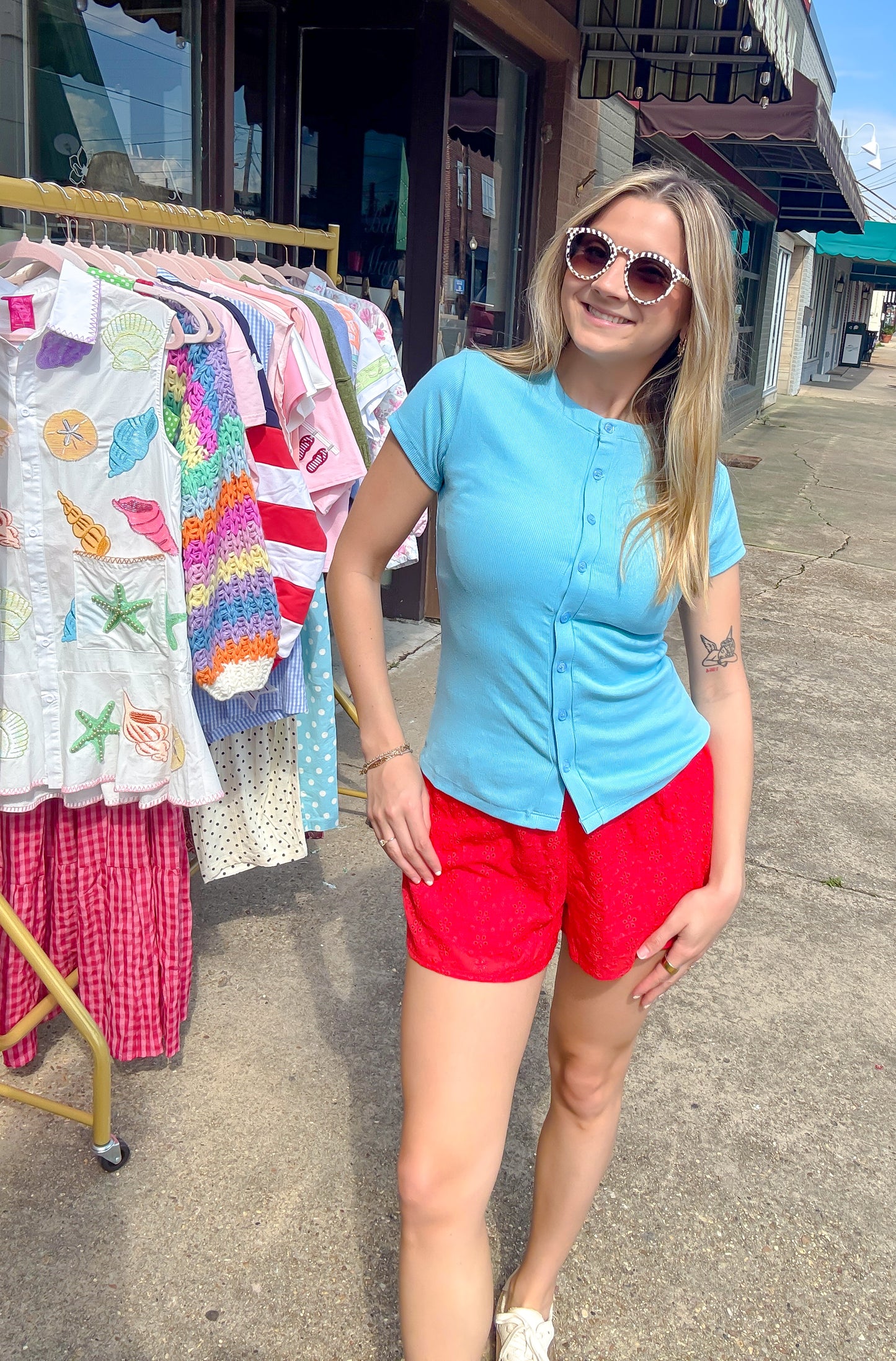 Ribbed Button-Front Crew Neck Top