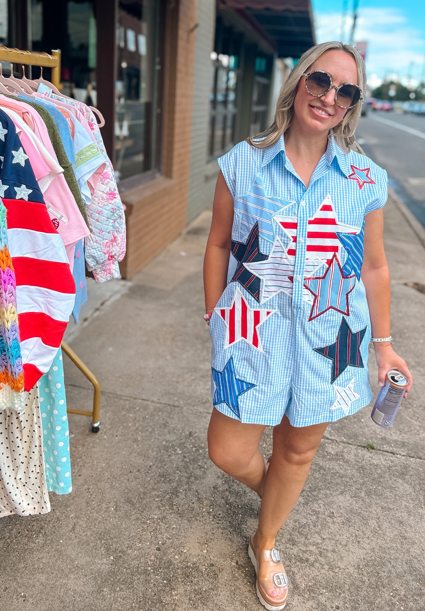Blue Gingham Star and Stripes Romper