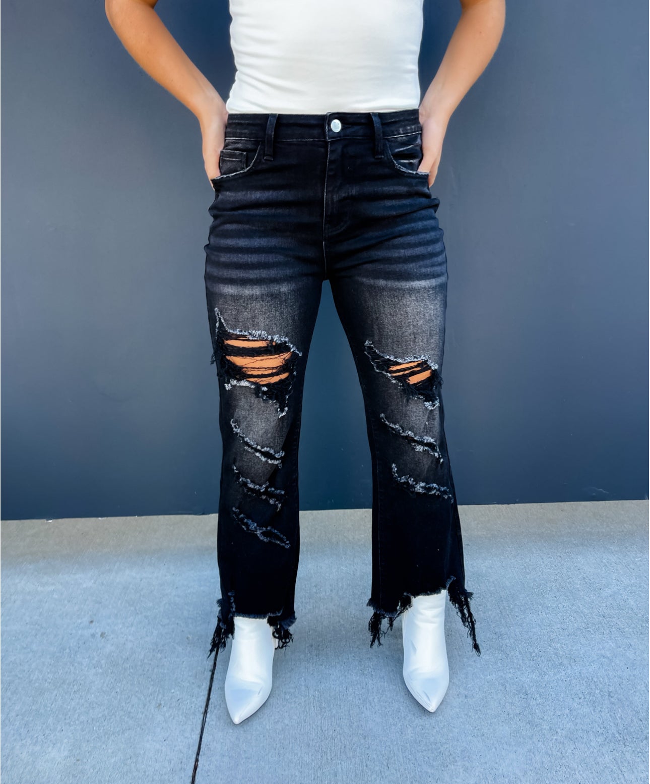 Urban Distressed Crop Jeans in Black Denim