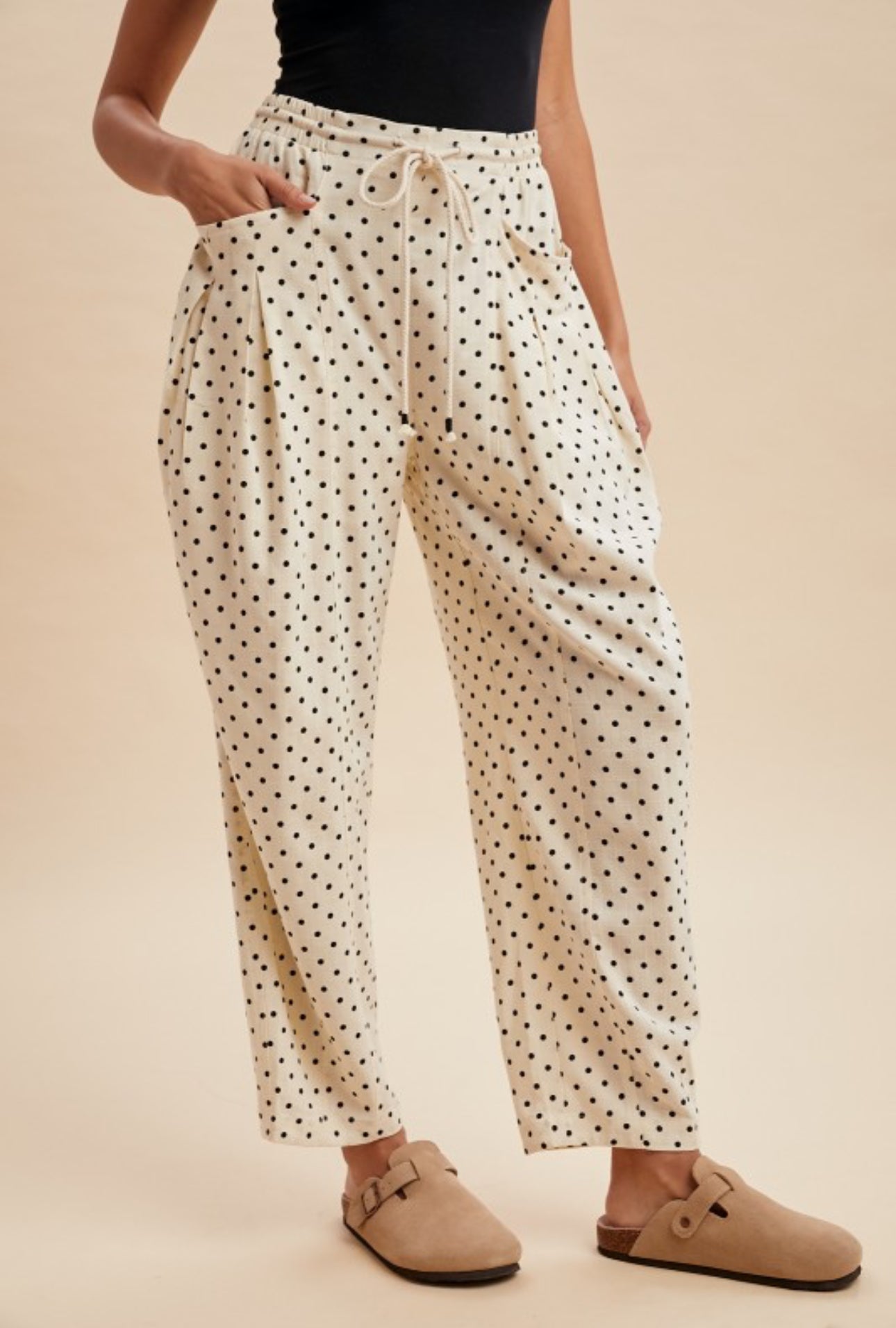 Polka Dot Linen Barrel leg Pants