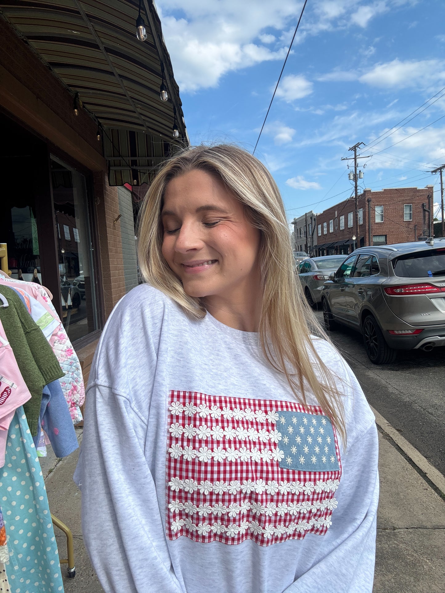 Gingham and Daisies Flag Sweatshirt