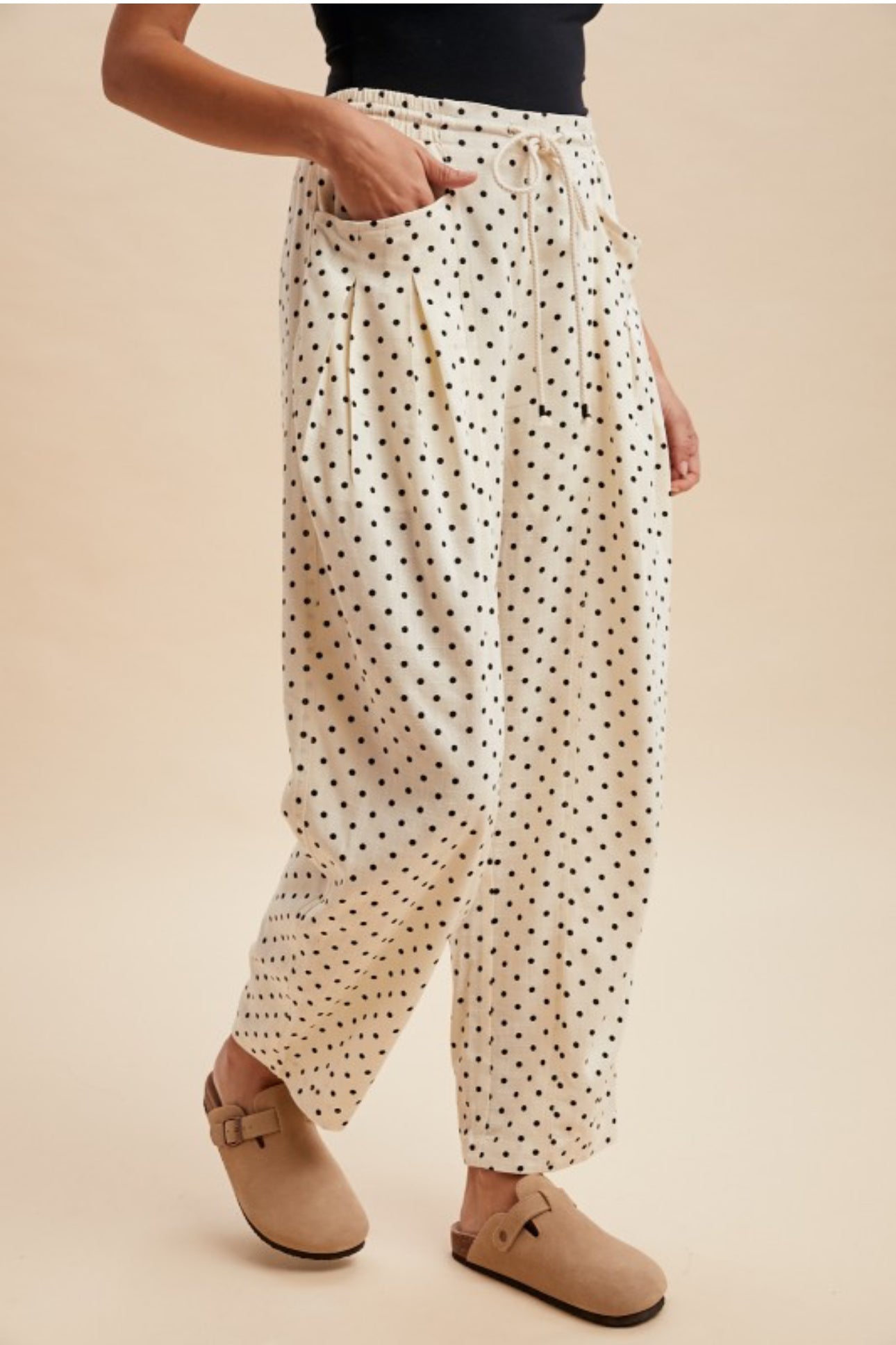 Polka Dot Linen Barrel leg Pants