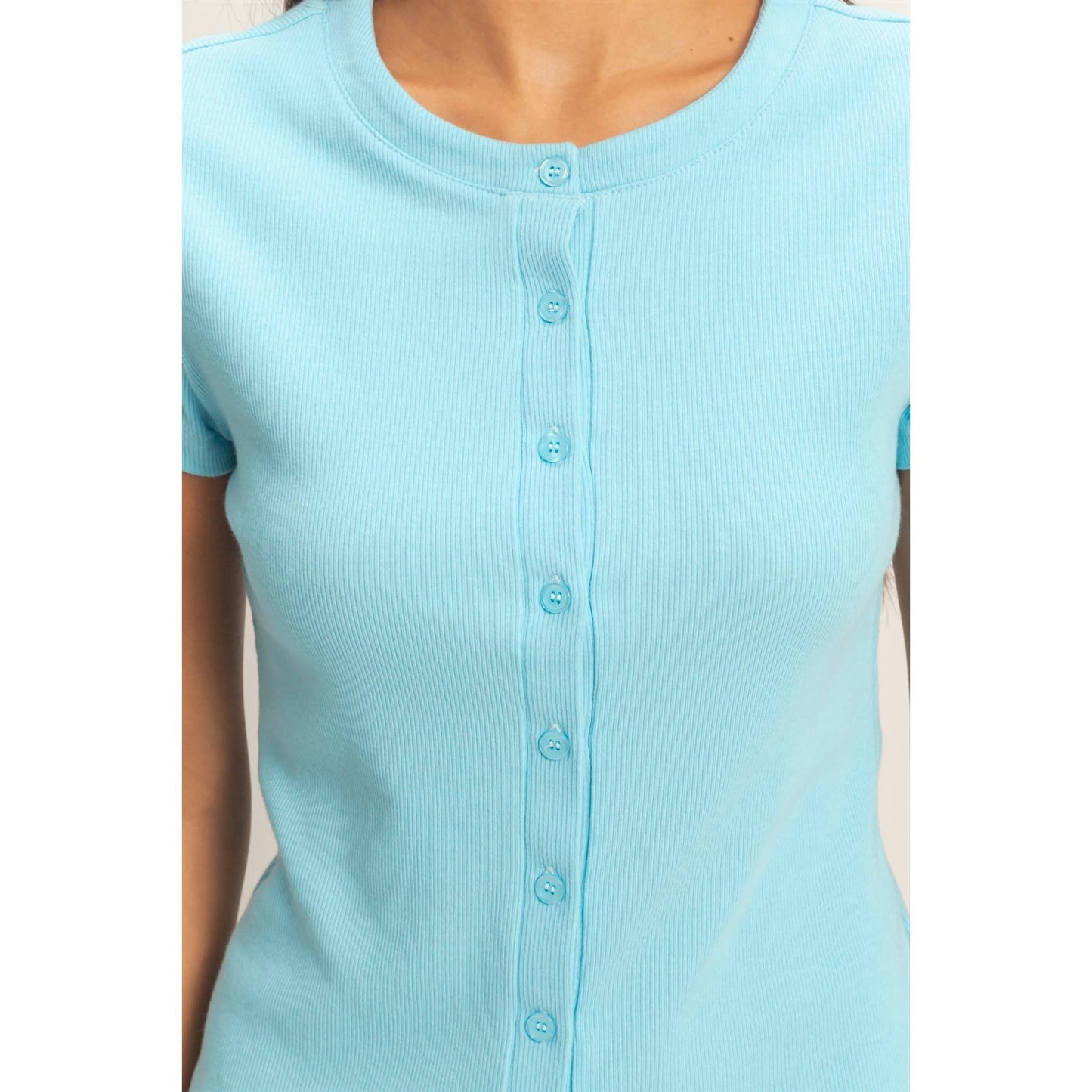 Ribbed Button-Front Crew Neck Top