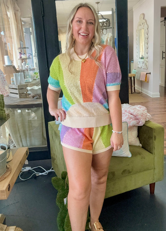 Rainbow Rhinestone Sunshine Knit Sweater Set