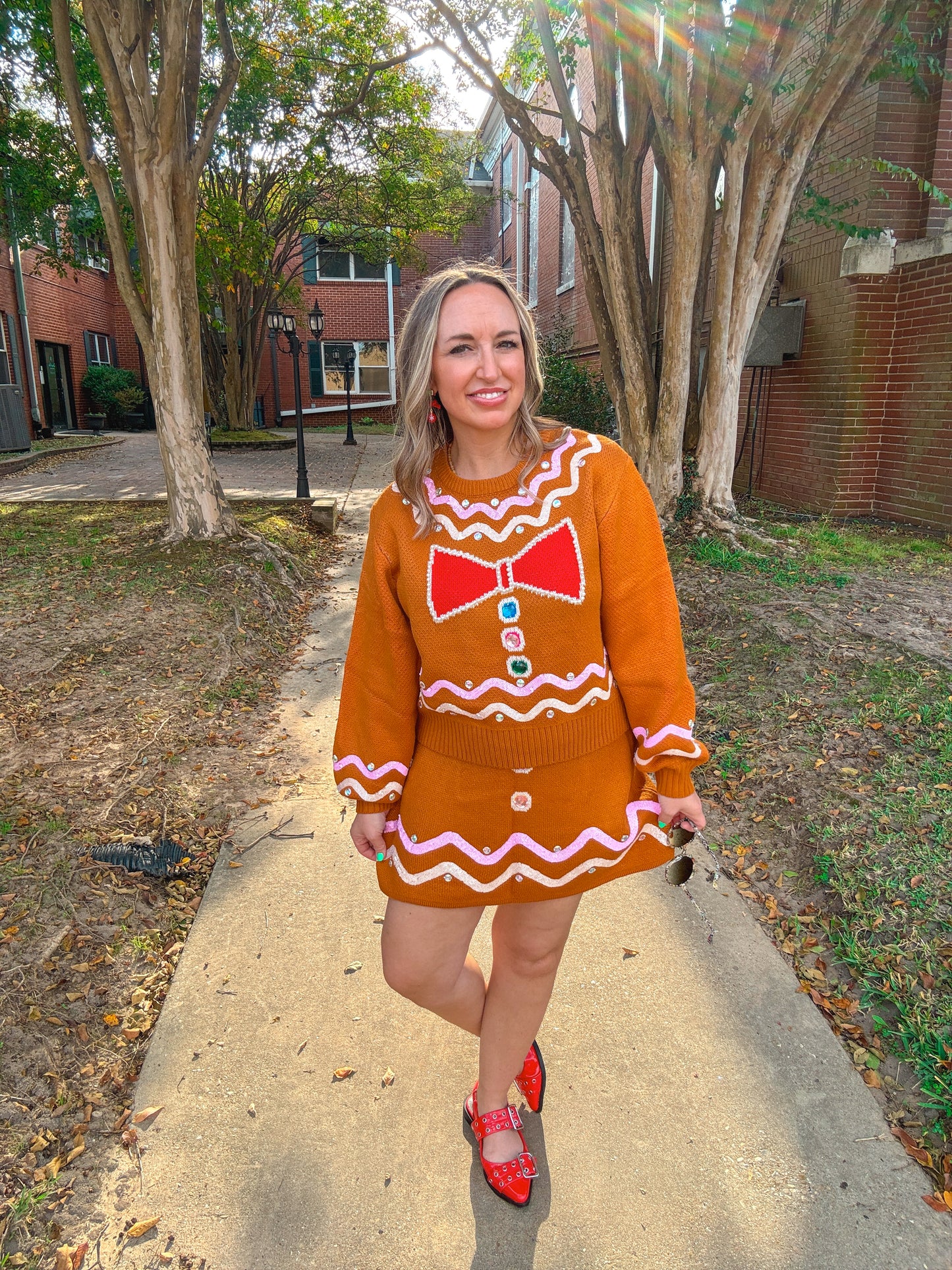 Gingerbread Man Jeweled Bow Sweater