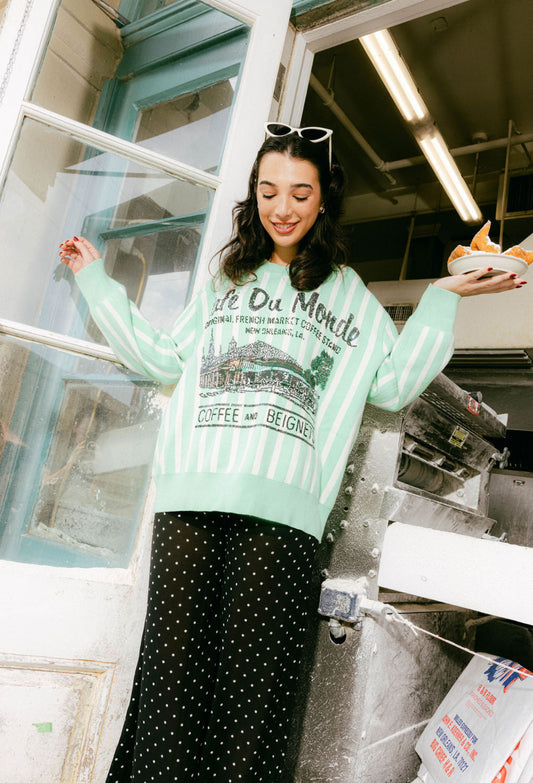 Cafe Du Monde Green and White Striped Sweater
