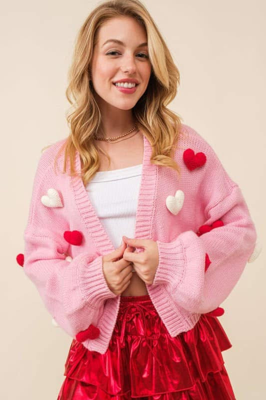 3-D Knit Heart Crop Cardigan