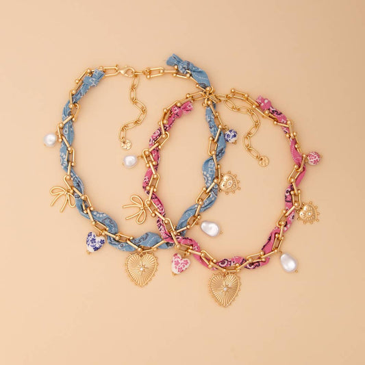 Gold Chain and Bandana Necklace with Gold Heart and Trinkets