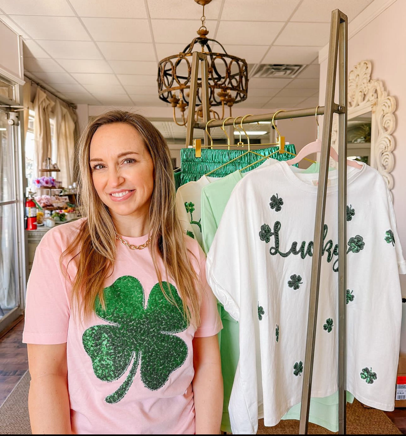 Pink Sequin Shamrock Tee