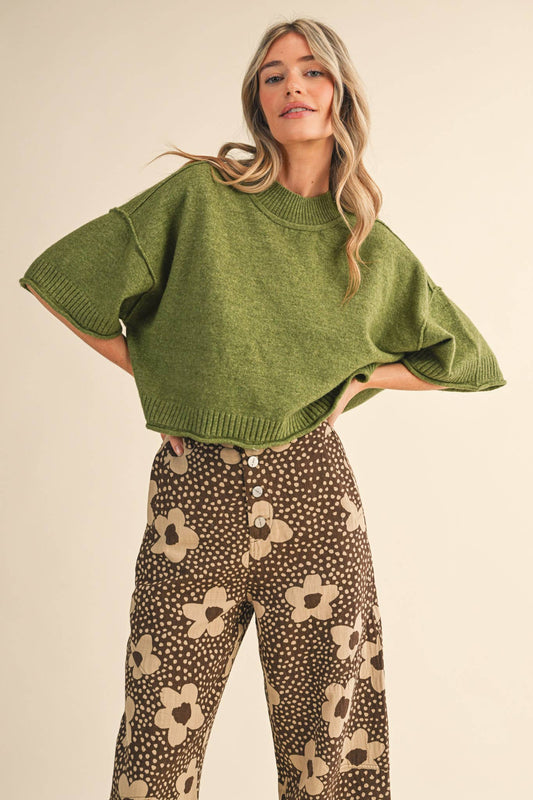 Olive Mock Neck Short Sleeve Sweater