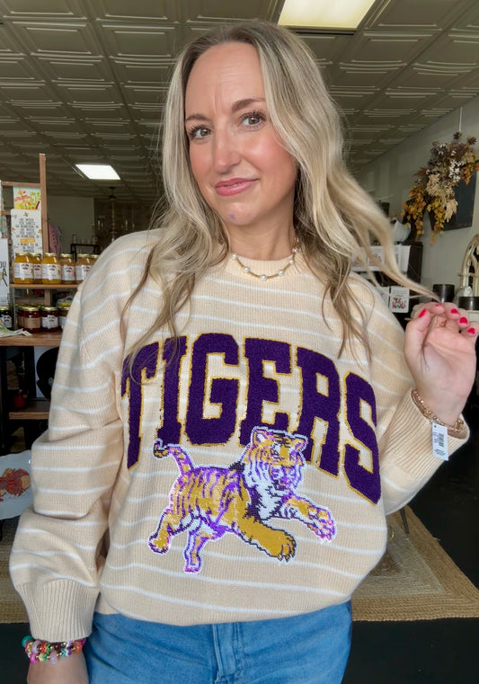 Licensed LSU Beige Striped Vintage Sweater Preorder