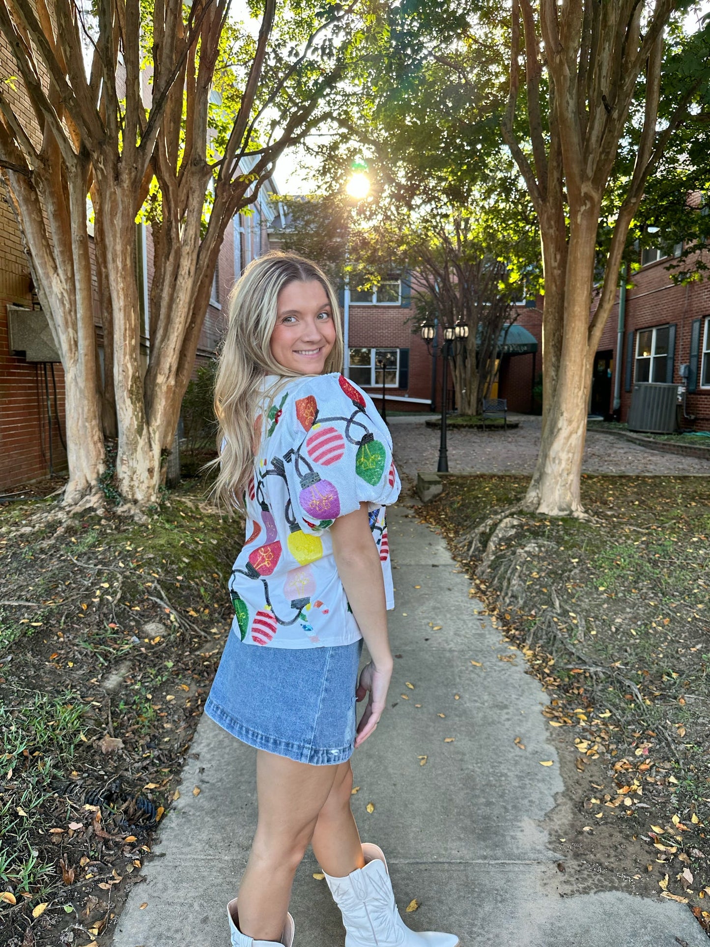 White Christmas Lights with Sequin Poof Sleeves Tee