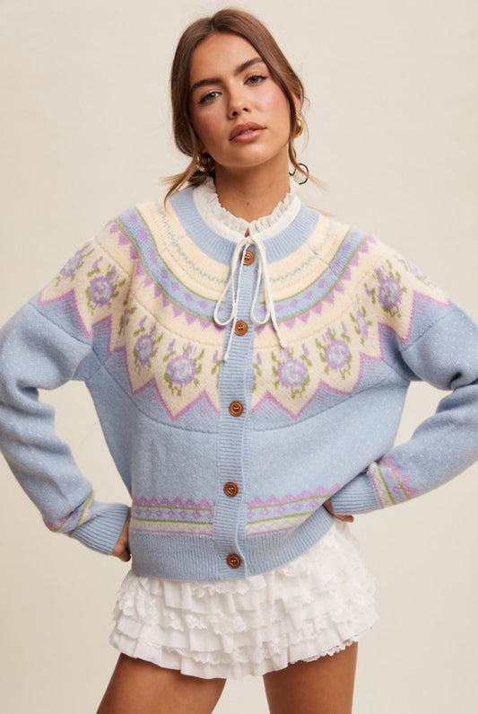 Powder Blue Fair Isle Patterned Cardigan