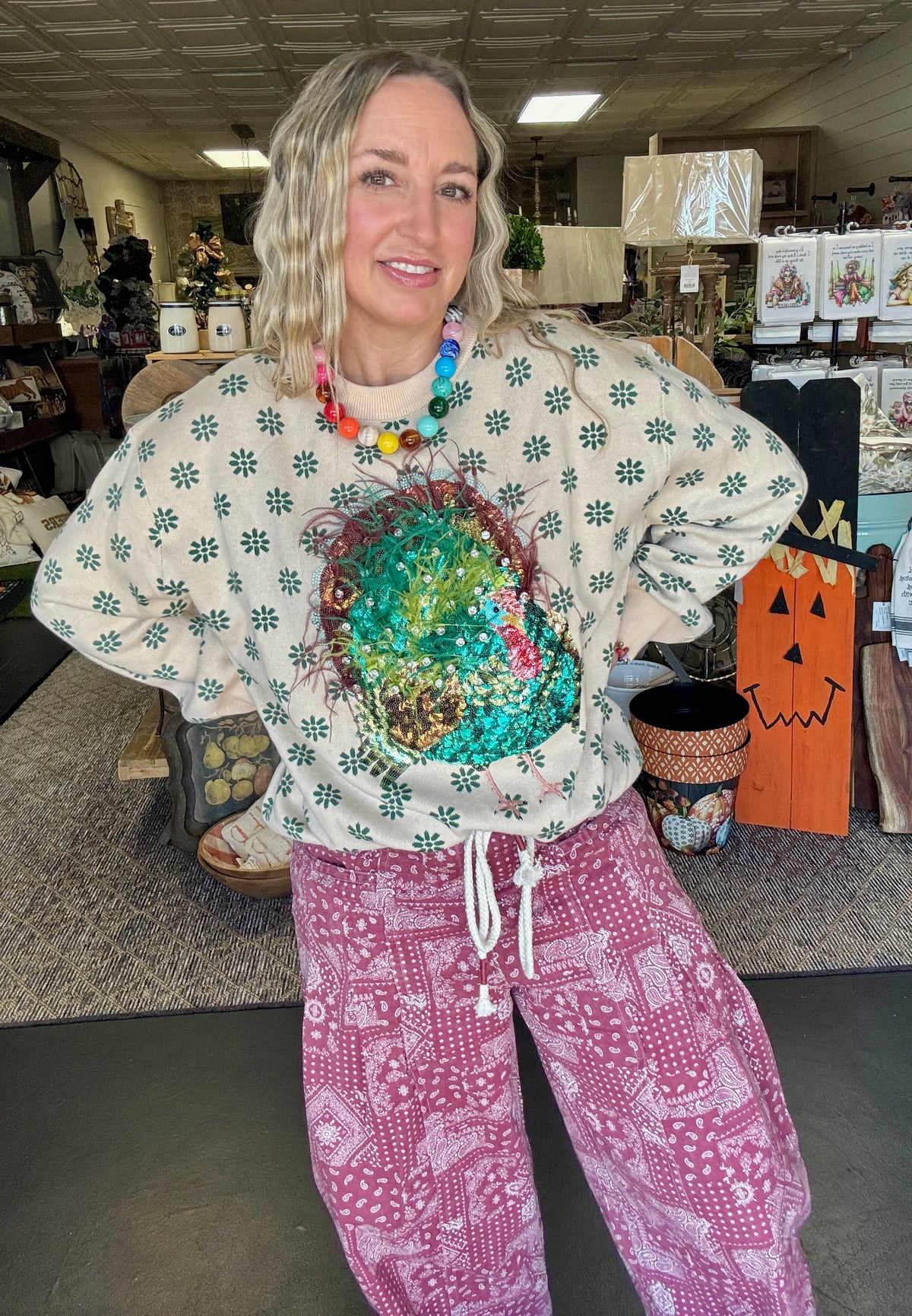 Flower Print Feathered Turkey Sweater
