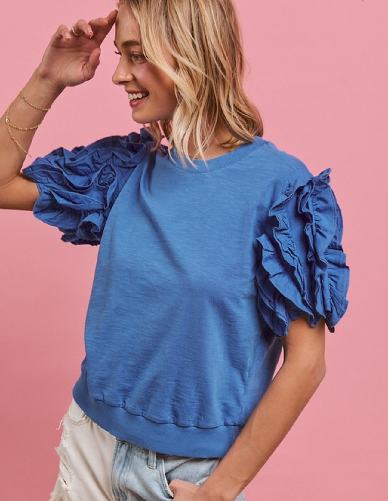 Frilly Sleeve French Blue Top