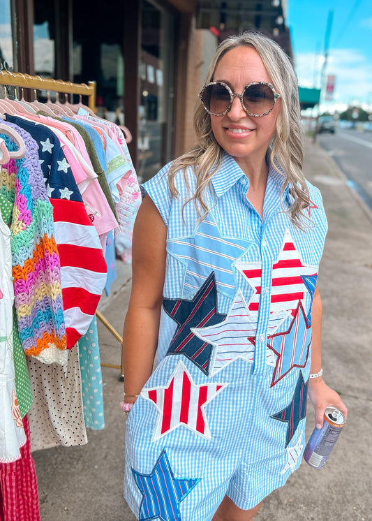 Blue Gingham Star and Stripes Romper