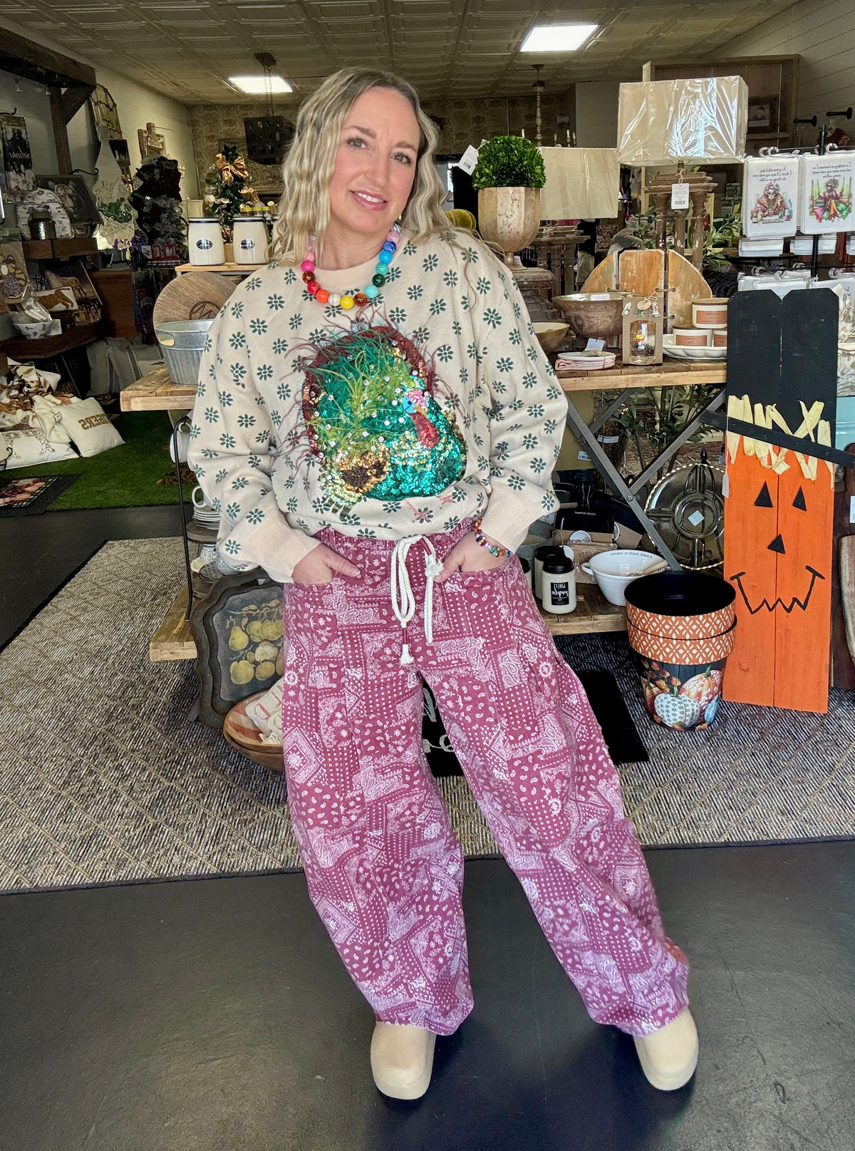 Flower Print Feathered Turkey Sweater