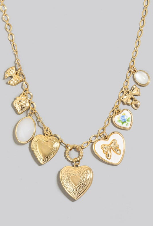 Blue bows and hearts charm necklace