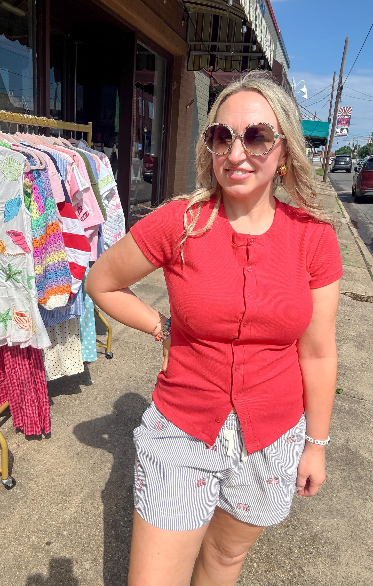 Ribbed Button-Front Crew Neck Top