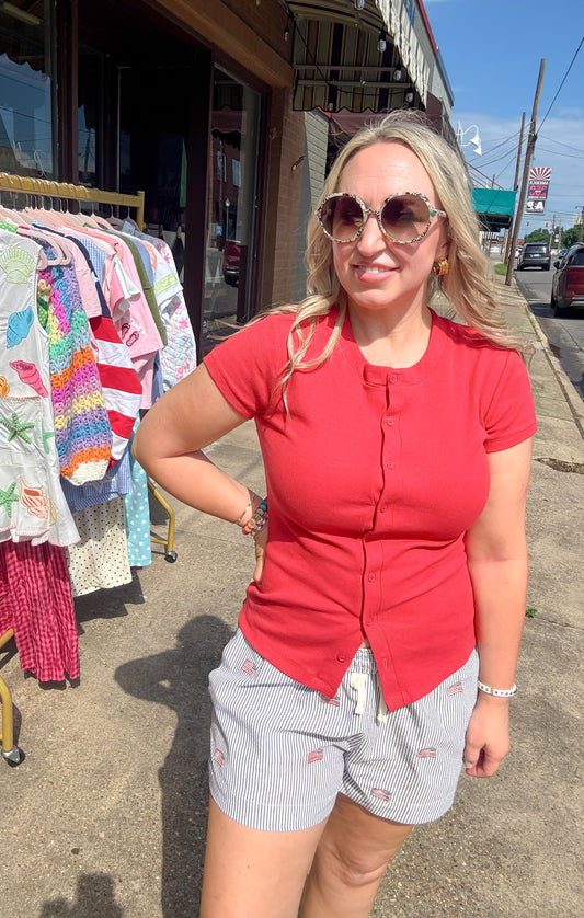 Ribbed Button-Front Crew Neck Top
