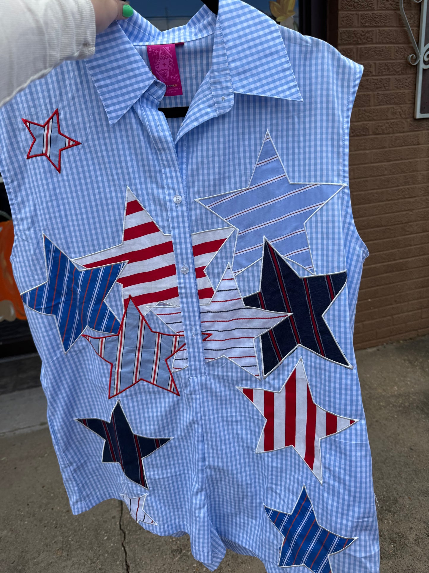 Blue Gingham Star and Stripes Romper
