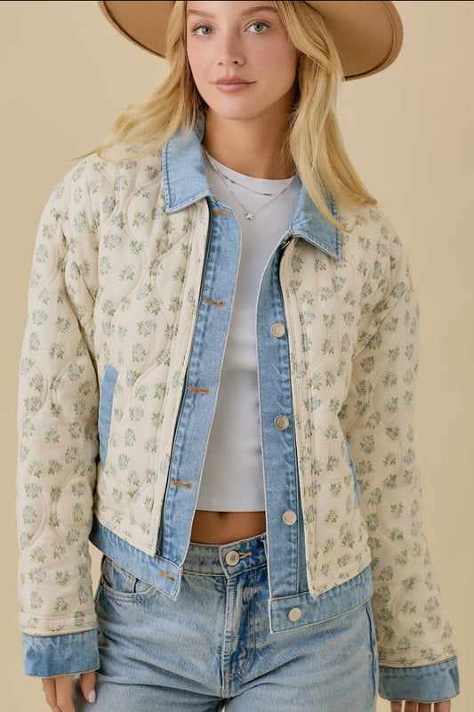 Floral Print Quilted Denim Jacket Preorder