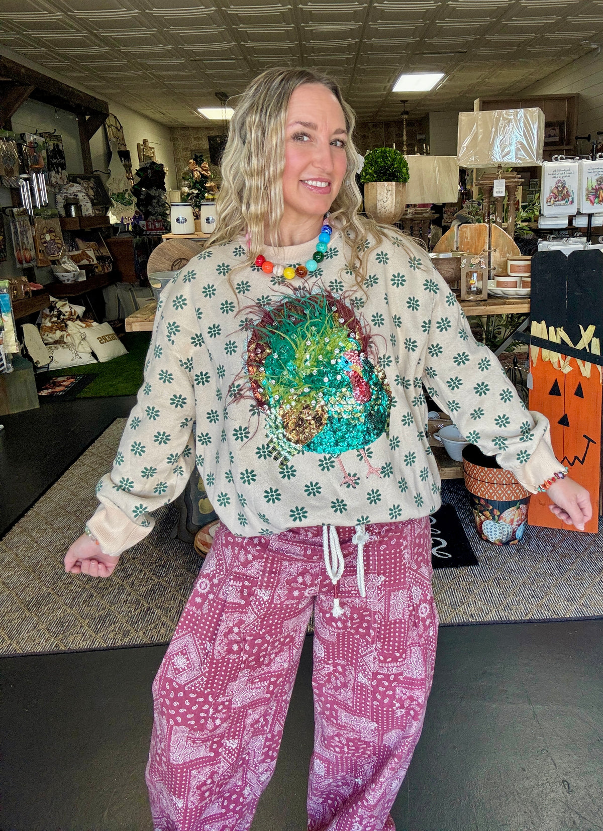 Flower Print Feathered Turkey Sweater