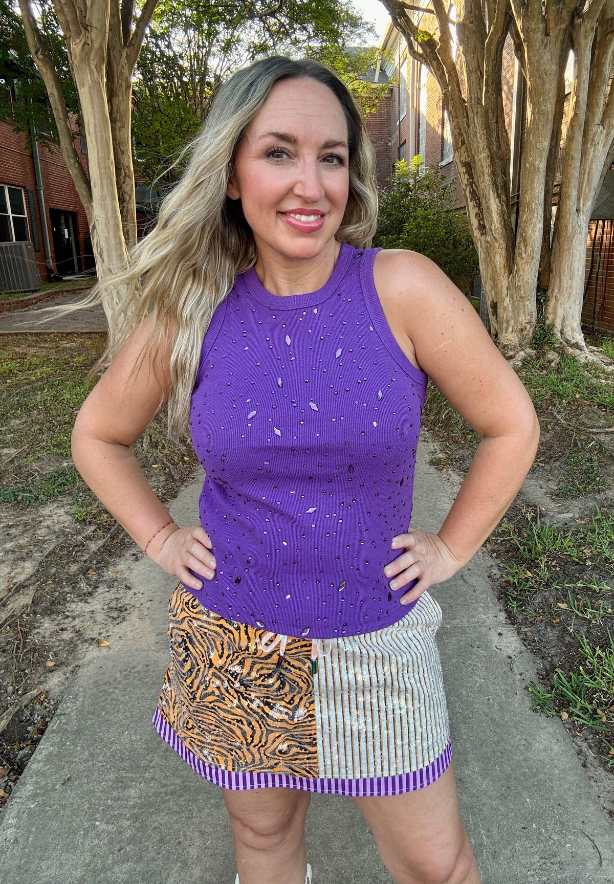 Purple, Yellow, and Tiger Colorblock Sequin Skirt
