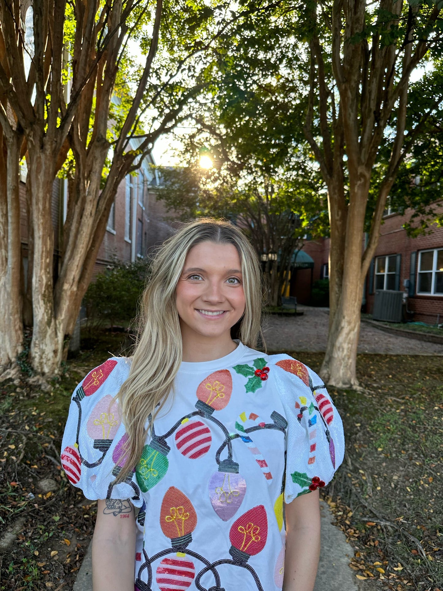 White Christmas Lights with Sequin Poof Sleeves Tee