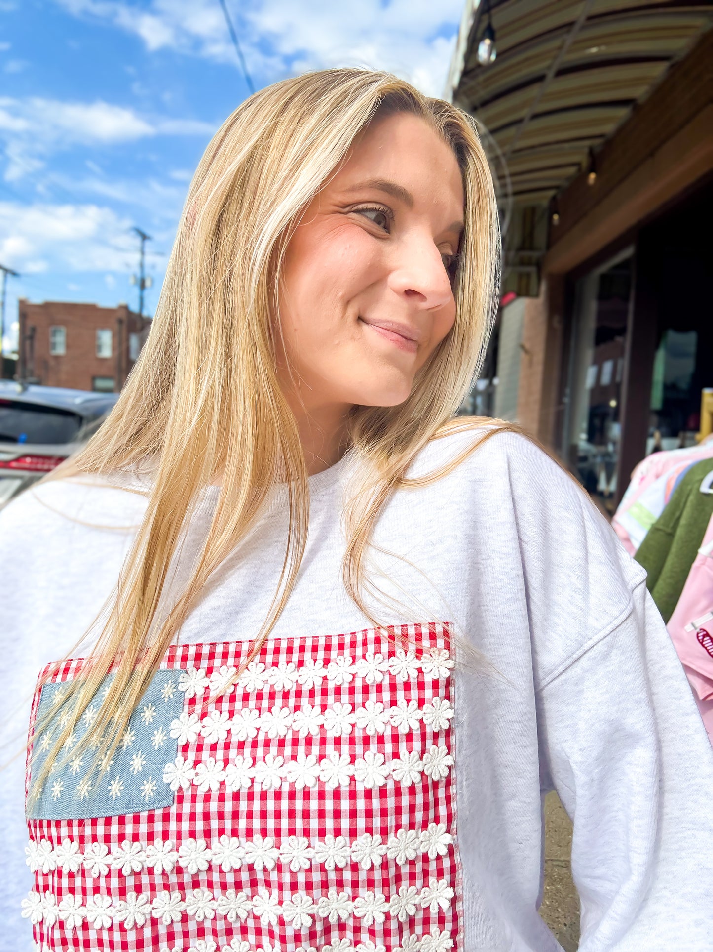 Gingham and Daisies Flag Sweatshirt