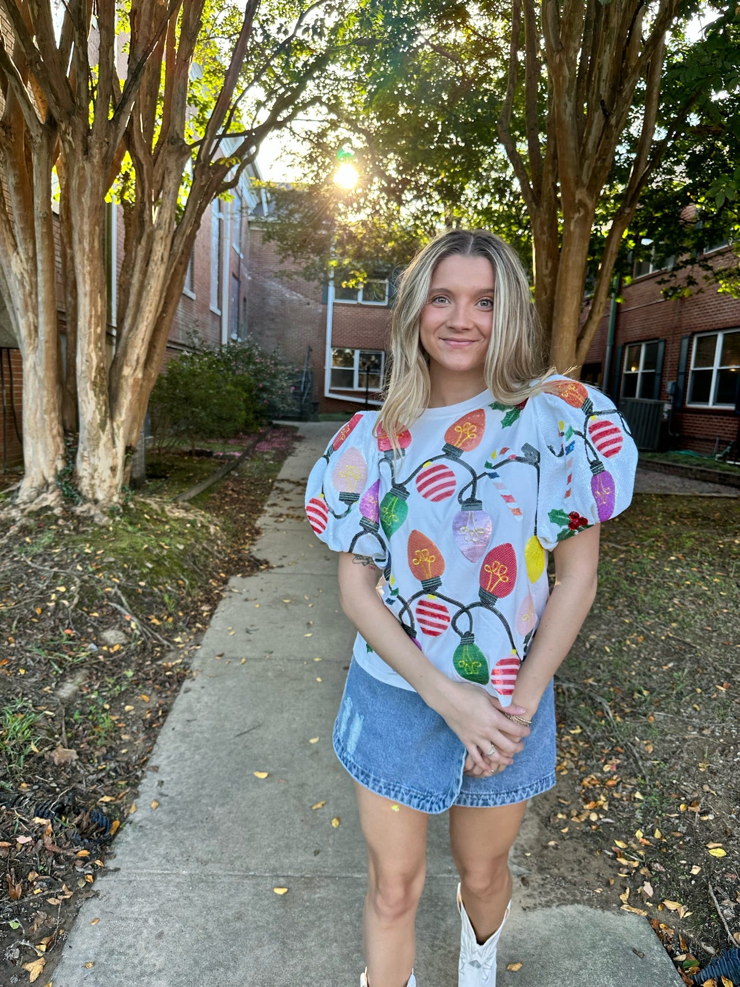 White Christmas Lights with Sequin Poof Sleeves Tee