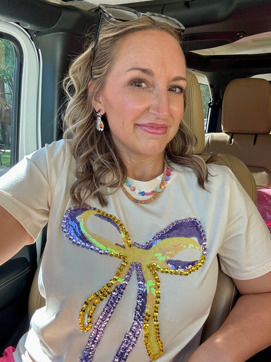 Purple and Gold Rhinestone Bow tee