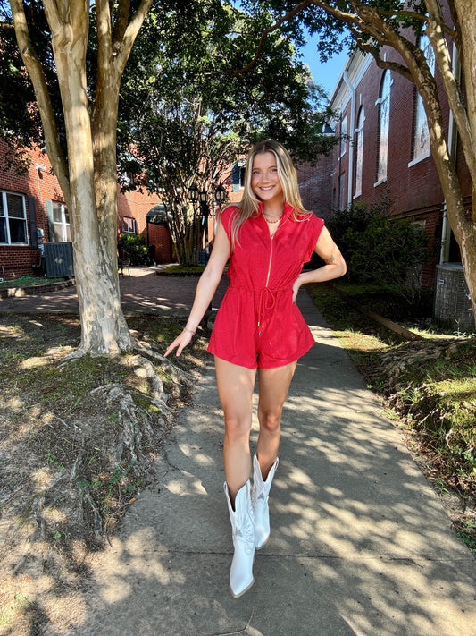 Red QOS Rhinestone Romper