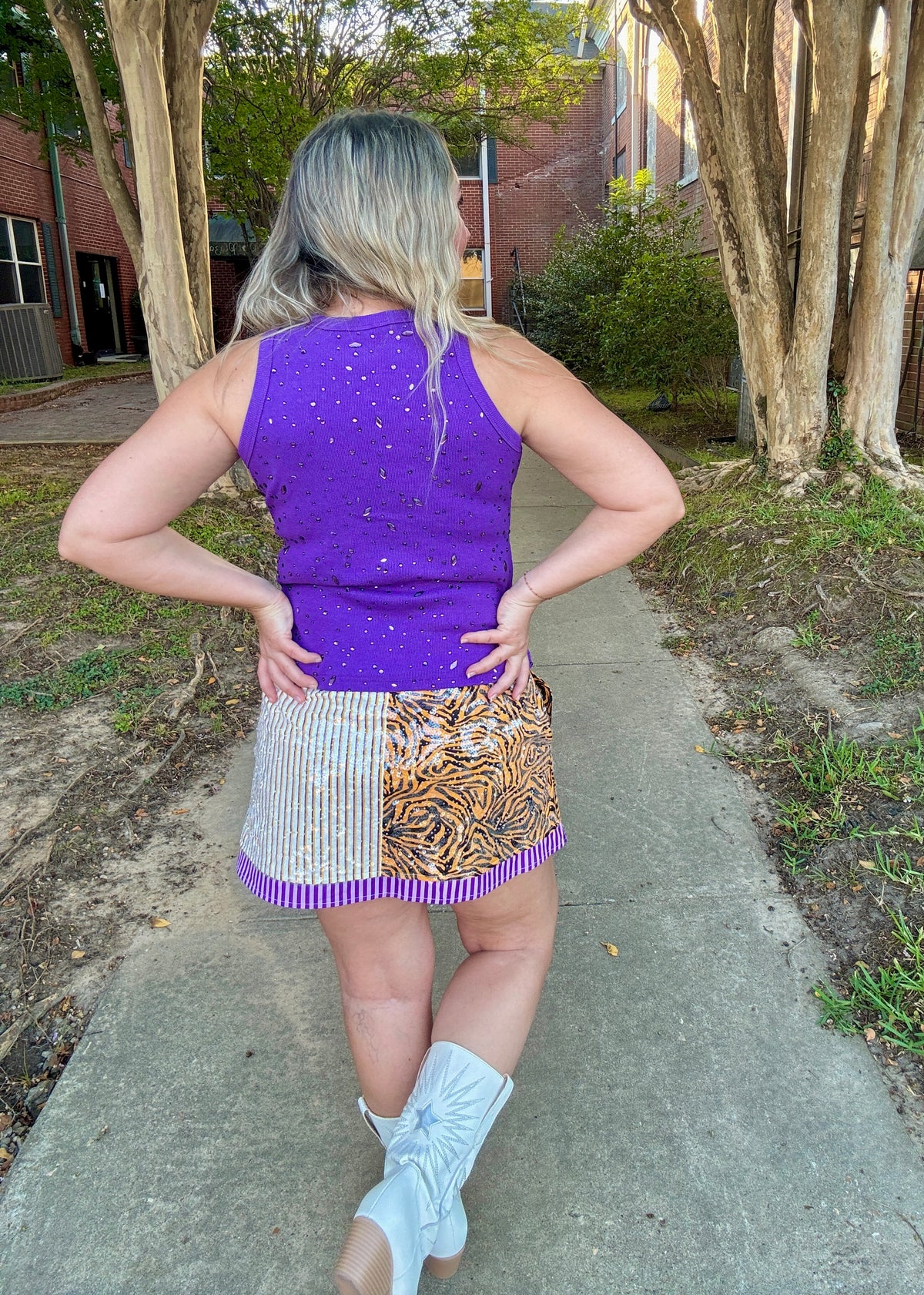 Purple, Yellow, and Tiger Colorblock Sequin Skirt