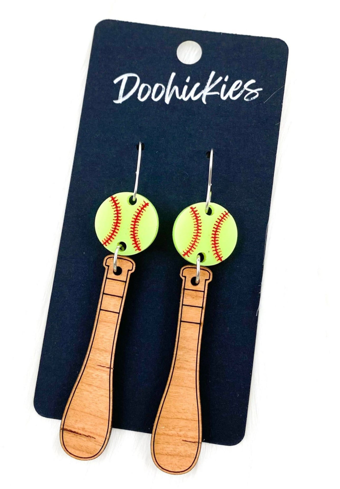 Softball bat and ball dangle earrings