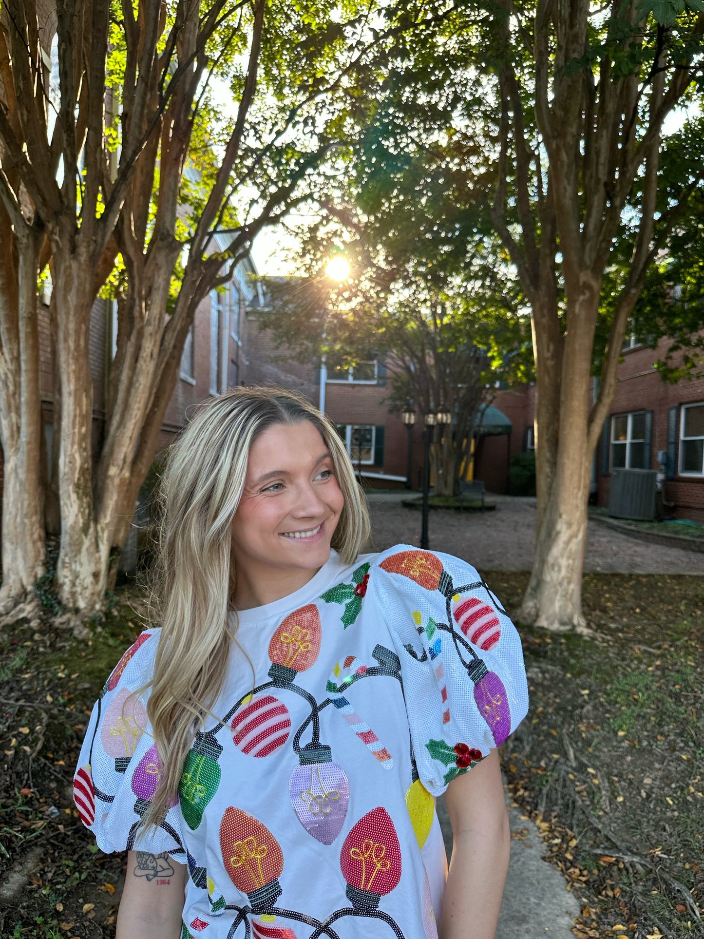 White Christmas Lights with Sequin Poof Sleeves Tee