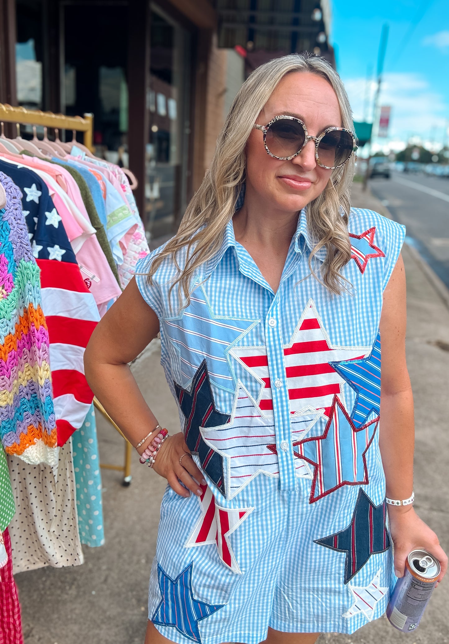 Blue Gingham Star and Stripes Romper