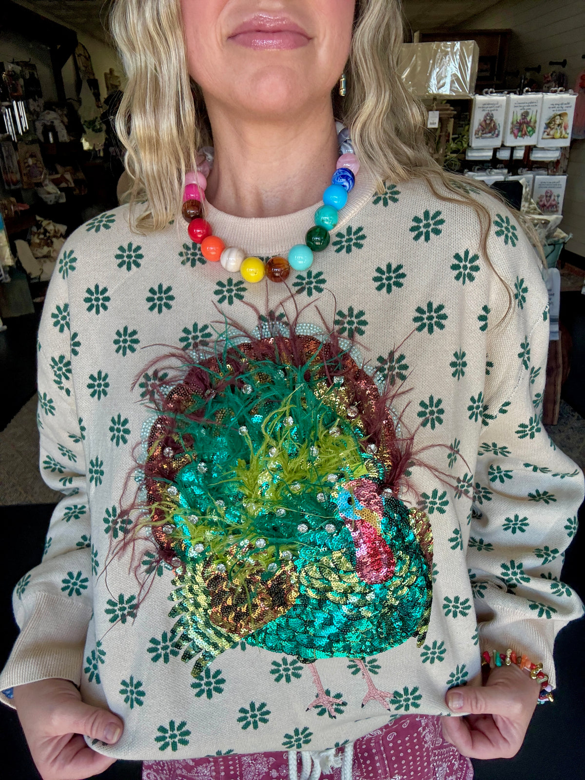 Flower Print Feathered Turkey Sweater