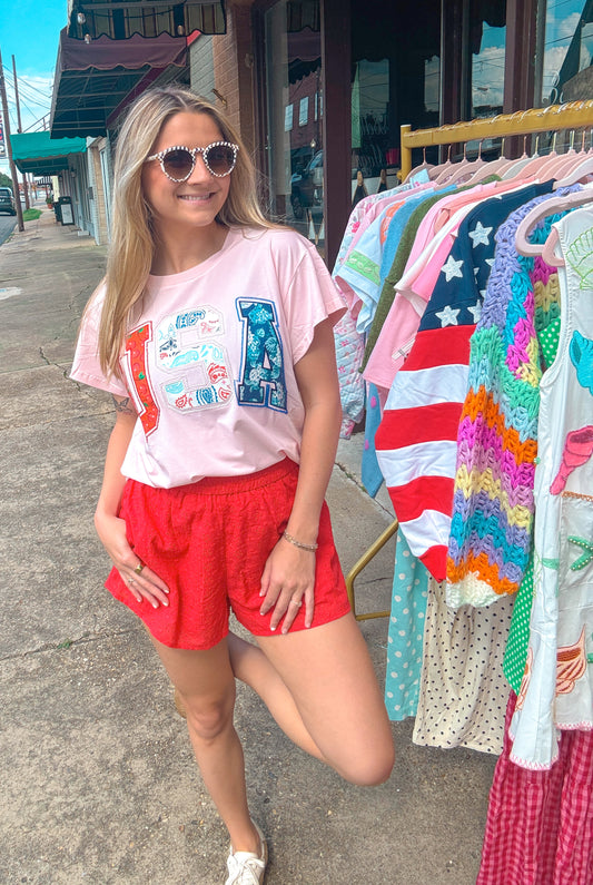 Red Eyelet Elastic Shorts With Pockets