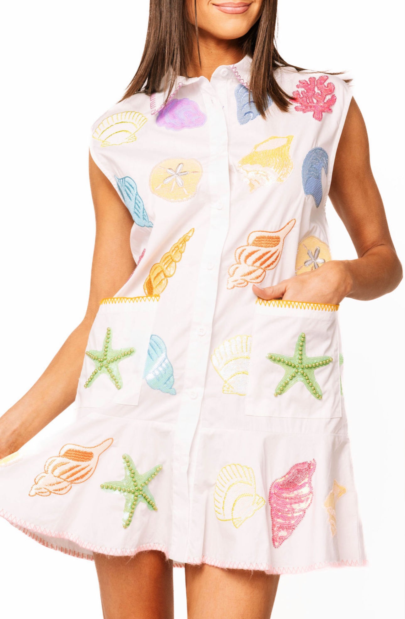 White Shell Cotton Button up Tank Dress