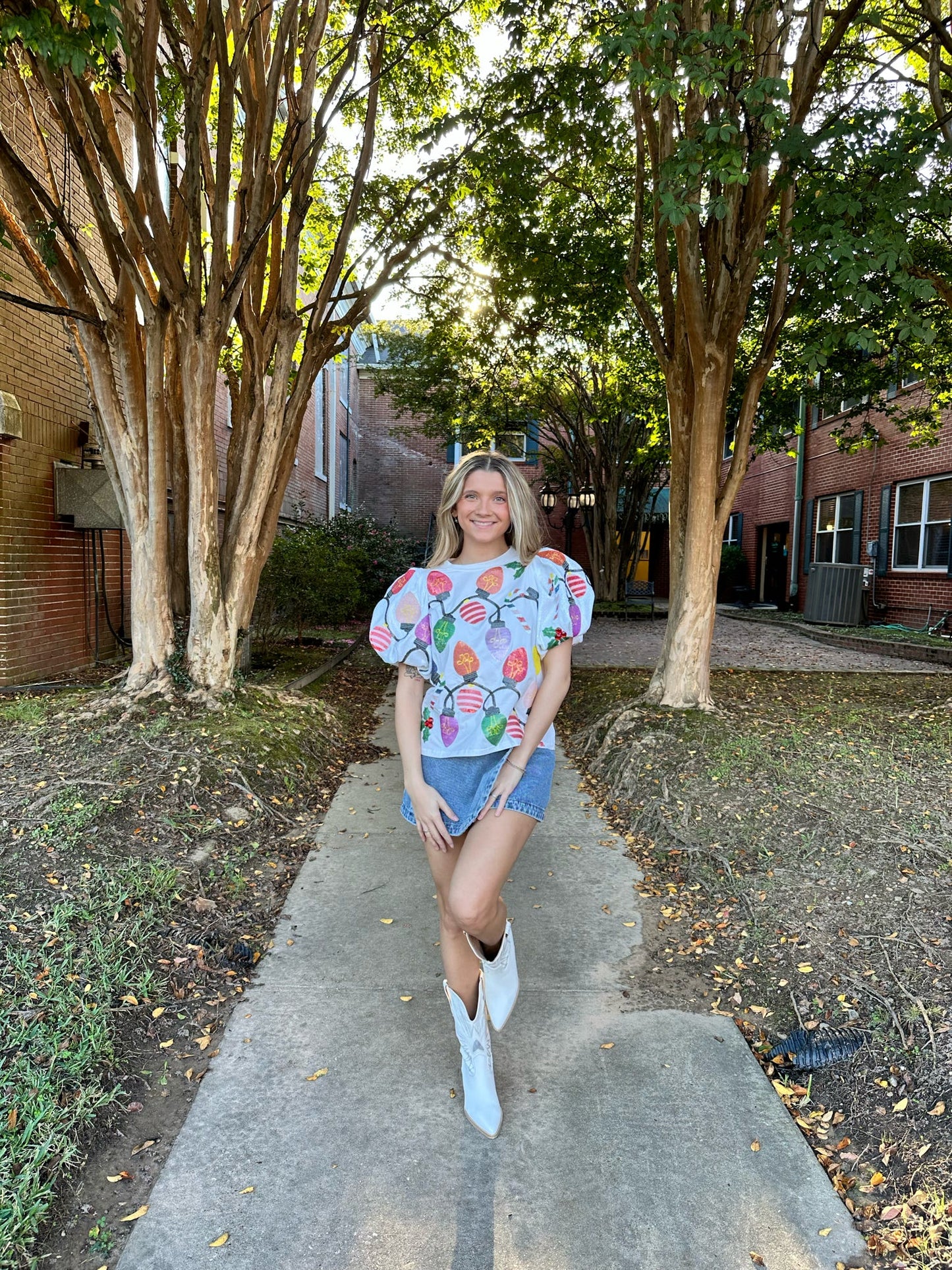 White Christmas Lights with Sequin Poof Sleeves Tee