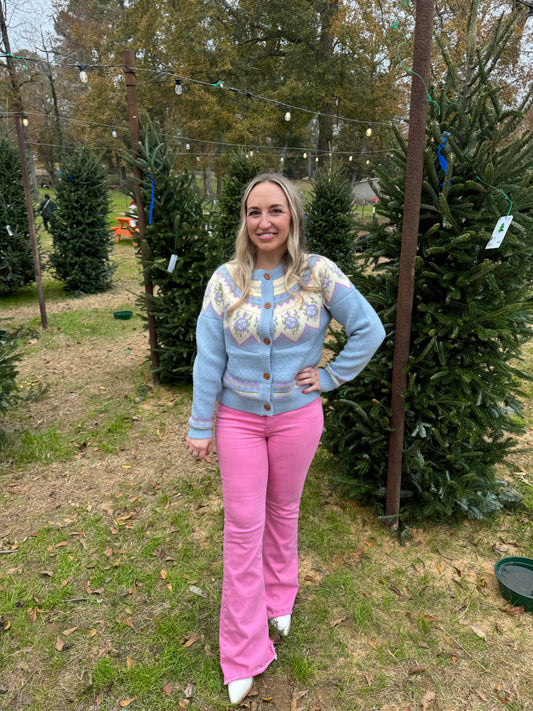 Powder Blue Fair Isle Patterned Cardigan