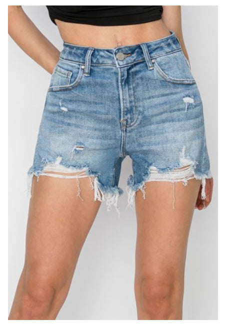 Risen High Waist Distressed Shorts