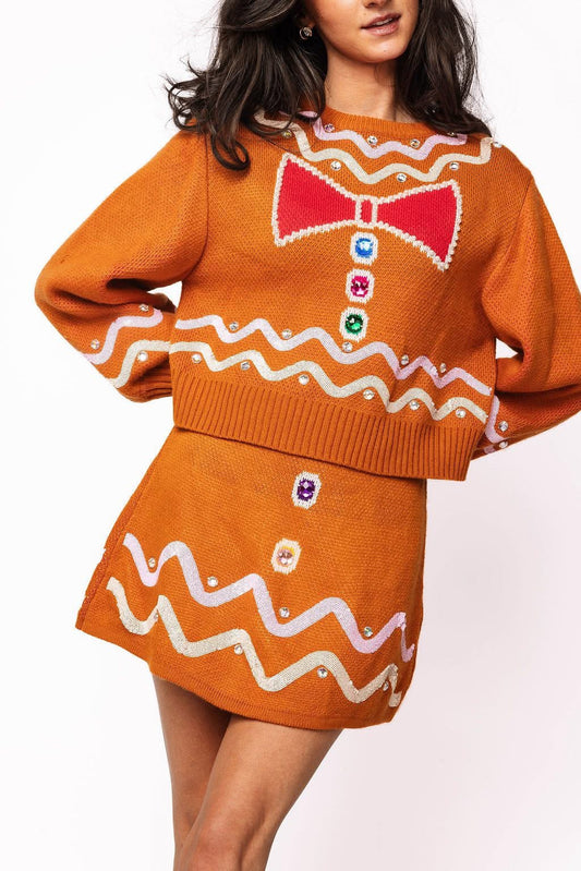Gingerbread Man Jeweled Bow Sweater Preorder